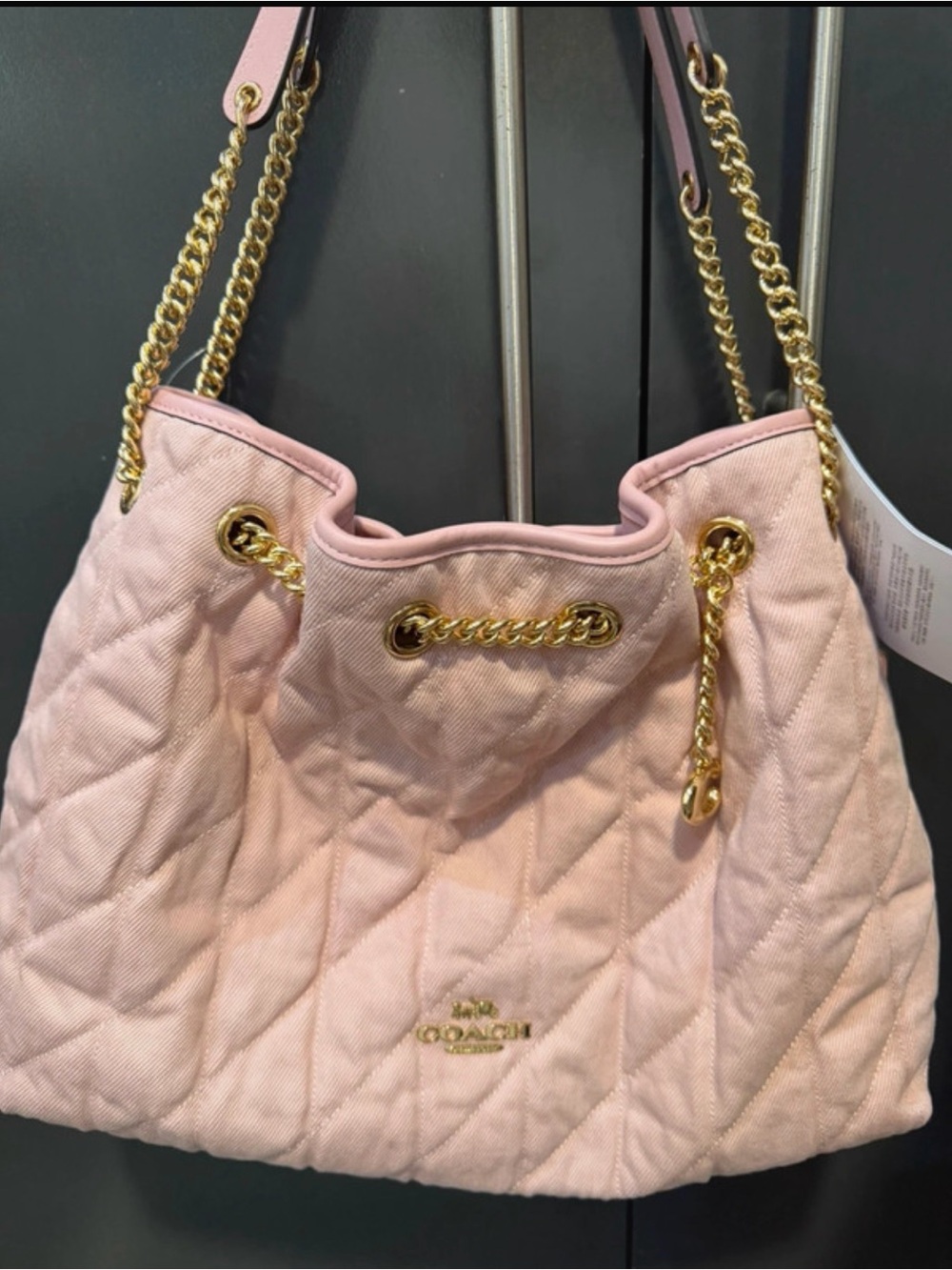 Coach Quilted Pink Drawstring Shoulder Bag with Gold Chain